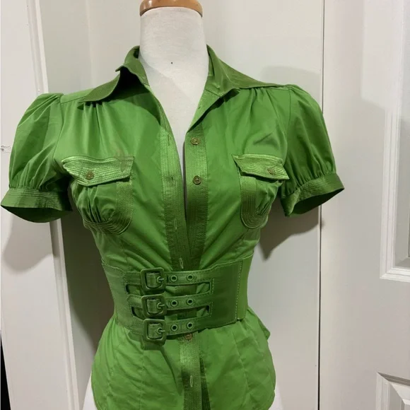 Vintage Bebe Green Belted Short Sleeve Top - Picture 4 of 6